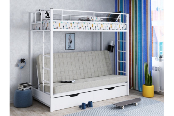 Двухъярусная кровать с диваном Мадлен ЯЯ Белый-Бежевый