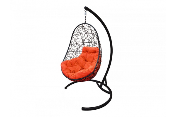 Подвесное кресло Кокон Овал ротанг каркас чёрный-подушка оранжевая