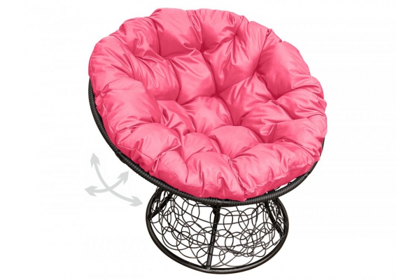Кресло Папасан пружинка с ротангом каркас чёрный-подушка розовая
