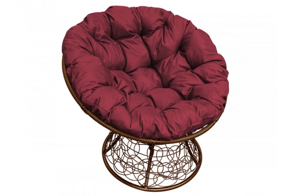 Кресло Папасан с ротангом каркас коричневый-подушка бордовая